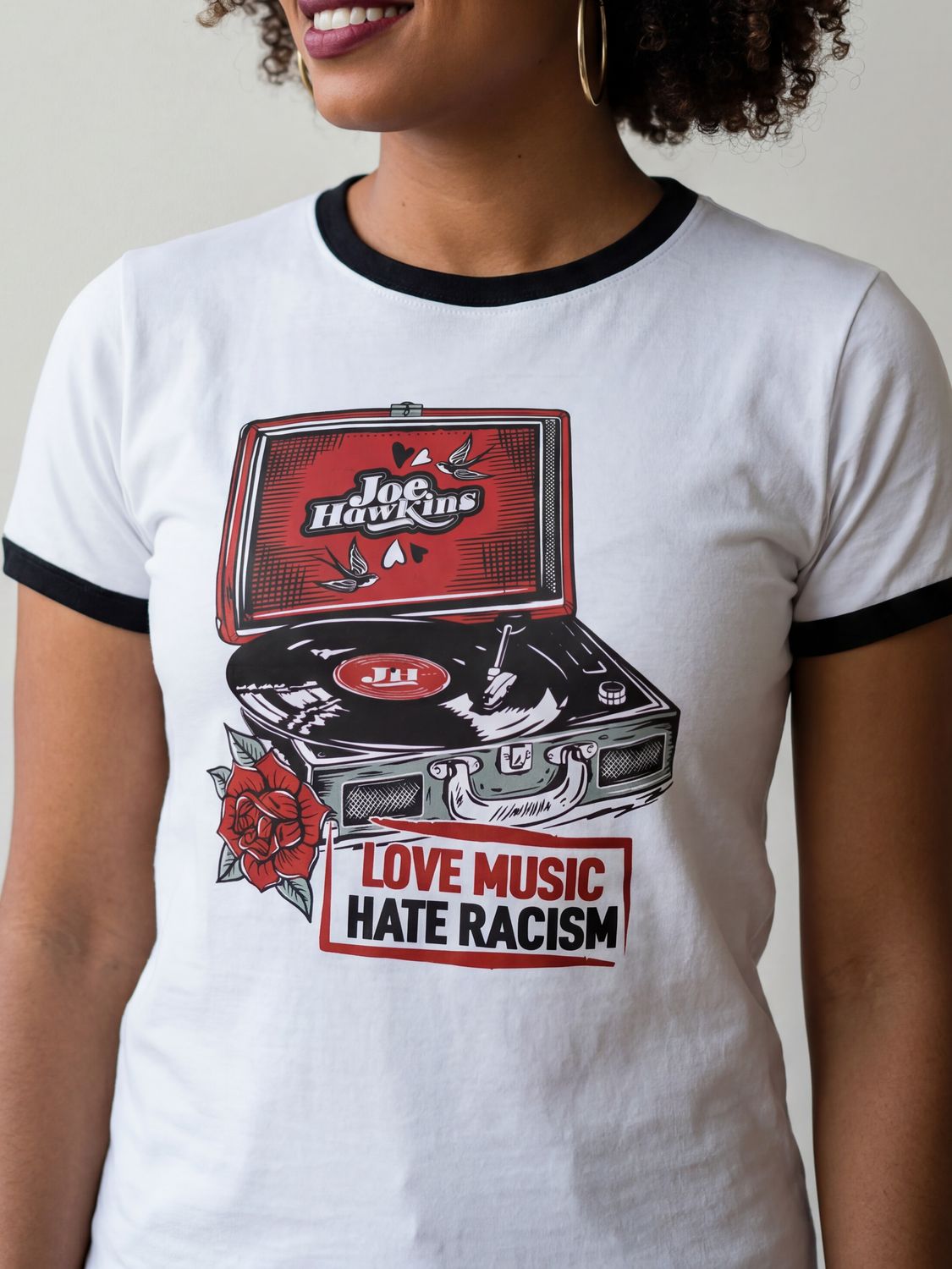 Love Music, Hate Racism T-shirt - Record Player