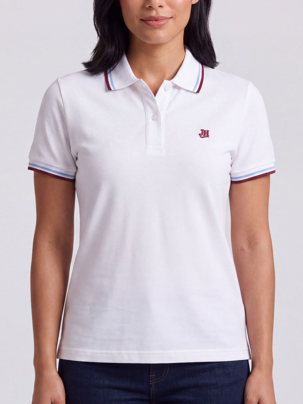JH Women's Polo - White / Blue and Burgundy