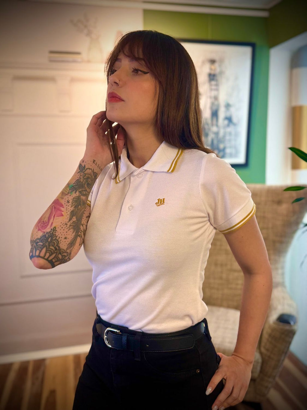 Polo mujer JH - (Blanco/Ocre)